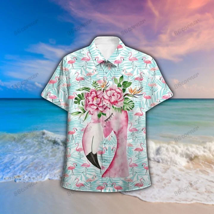 Flamingo On Ice Blue Pattern Hawaii Shirt/ Summer aloha shirt/ Gift for summer