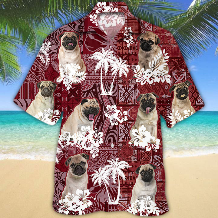 Pug Hawaiian Shirt/ Dog Hawaii Shirt Red Tribal Pattern