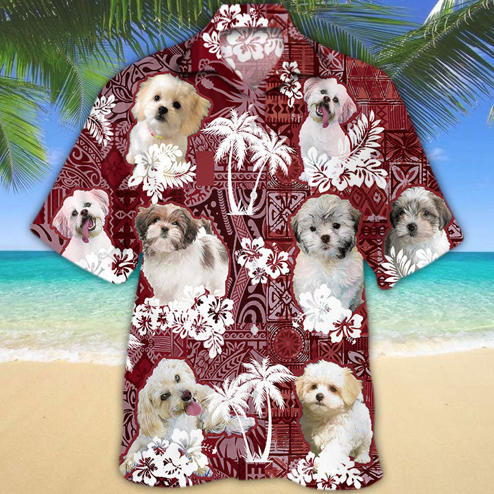 Malshi Hawaiian Shirt/ Red Tribal Pattern Hawaiian Shirt For Dog Lovers