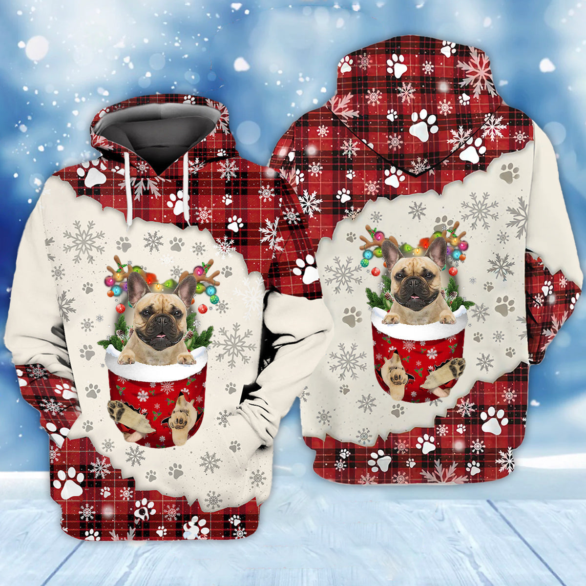 Fawn French Bulldog In Snow Pocket Merry Christmas Unisex Hoodie