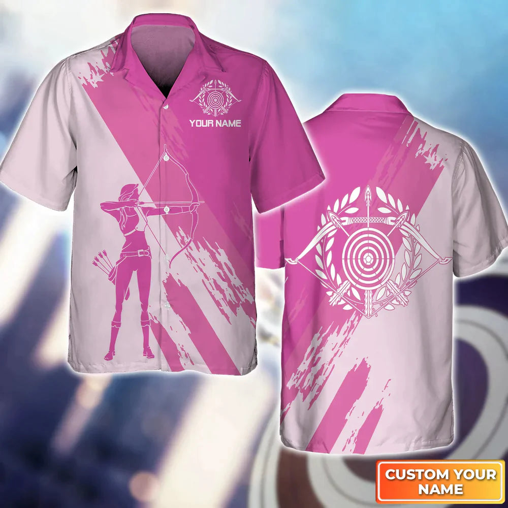 Female Archer Silhouette Pink 3D Hawaiian Shirt/ Gift For Archer Sport Lovers
