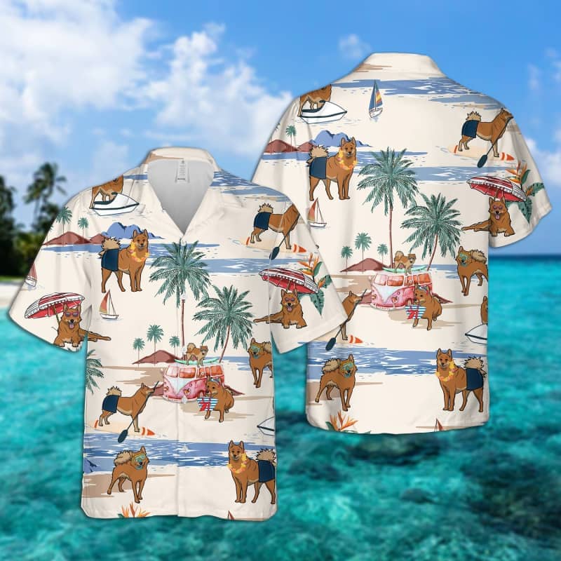 Finnish Spitz Summer Beach Hawaiian Shirt/ dog beach Short Sleeve Hawaiian Shirt