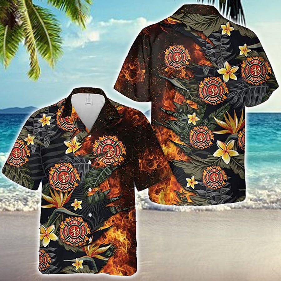 Firefighter Fire Floral Tropical Hawaiian Shirt/ gift for Firefighter