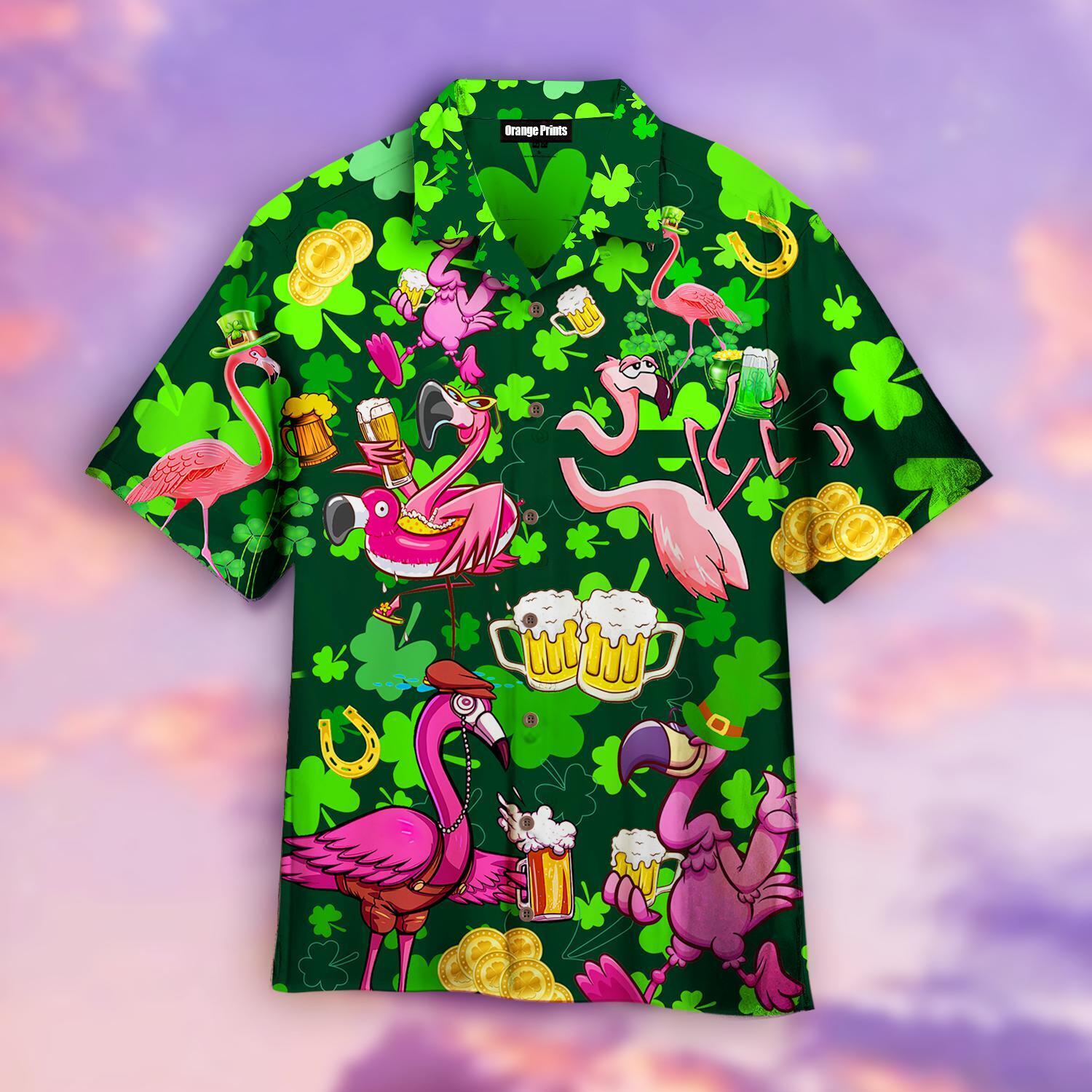Flamingo And Beer Patrick’s Day Hawaiian Shirt For Men & Women/ gift for Patrick''s day