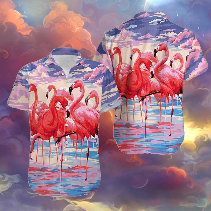 Flamingo Colorful Clouds Unisex Hawaiian Shirt/ Flamingo Short Sleeve Hawaiian Aloha Shirt/ Flamingo Hawaiian Shirt for men/ women