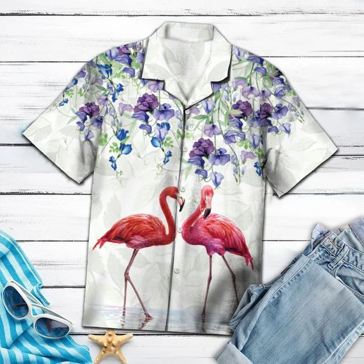 Flamingo Couple Love Flower Garden Pattern Hawaiian Shirt