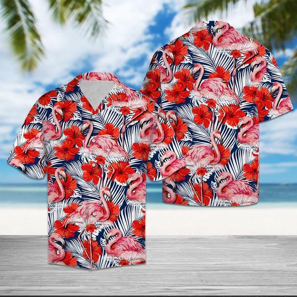 Flamingo Hibiscus Flower Colorful Floral Hawaiian Shirts/ Aloha Shirt For Men women/ Funny Flamingo Beach Shirt