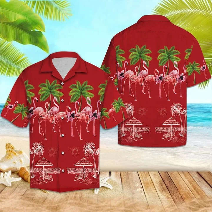 Flamingo Summer With Palm Trees In Red Hawaiian Shirt