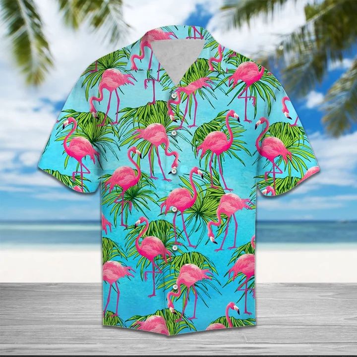Flamingo Tropical Palm Leaves Summer Vacation Themed Hawaiian Shirt