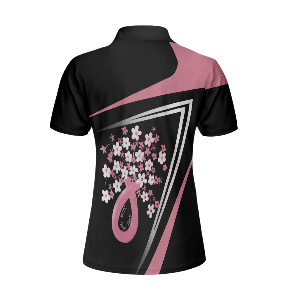 Flowers Faith Hope Love Pink Breast Cancer Awareness Short Sleeve Women Polo Shirt/ Awareness Ribbon Polo Shirt For Ladies Coolspod