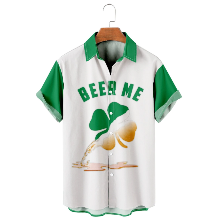 Four Leaf Clover Beer Casual Loose Men''s/ St. Patrick''s Hawaiian Shirt/ Irish Hawaiian