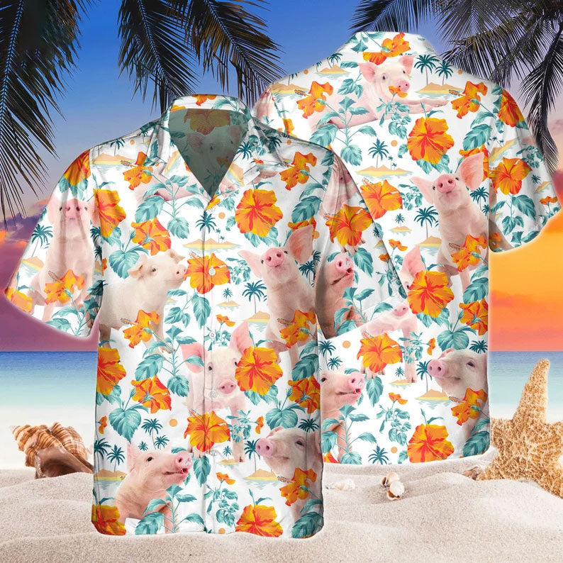 Custom Name Funny Pig Hibiscus Flowers All 3D Printed Hawaiian Shirt