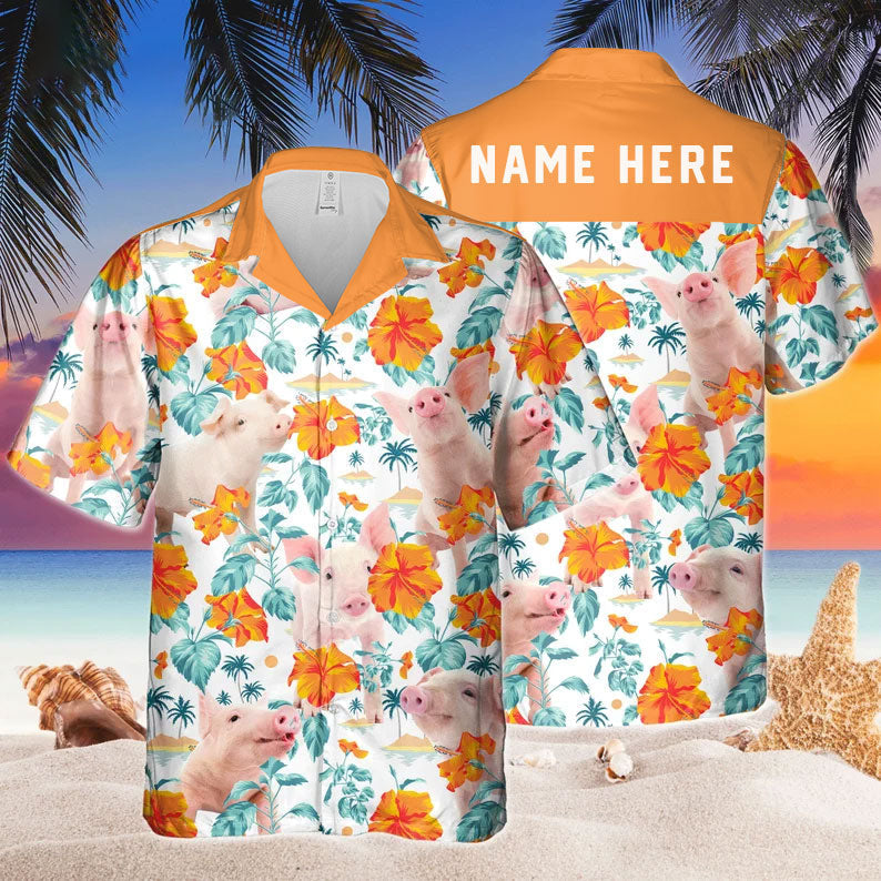 Custom Name Funny Pig Hibiscus Flowers All 3D Printed Hawaiian Shirt