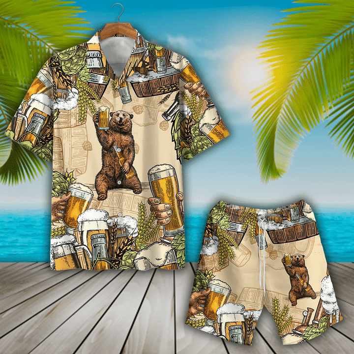 Funny Bear With Beer Party Hawaiian Shirt/ Bear Drinking Beer Summer Hawaiian Shirt
