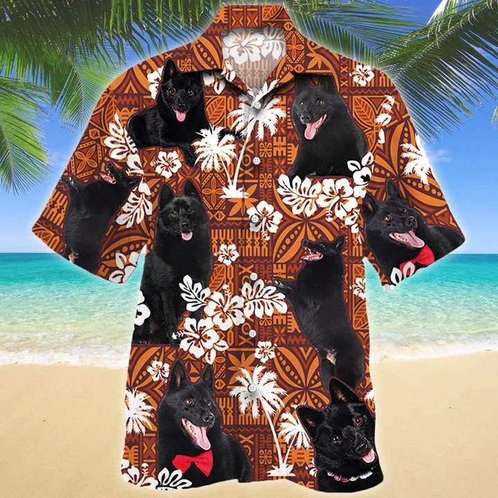 Funny Black Schipperke Dog On Red Tribal Pattern Hawaiian Shirt