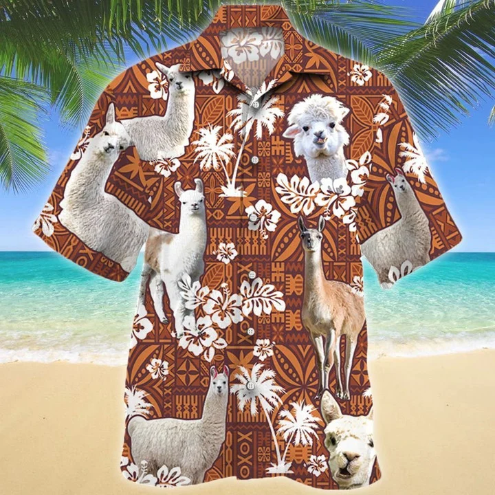 Llama And White Hibiscus On Brown Tribal Hawaiian Shirt/ Short Sleeve Hawaiian Aloha Shirt for men