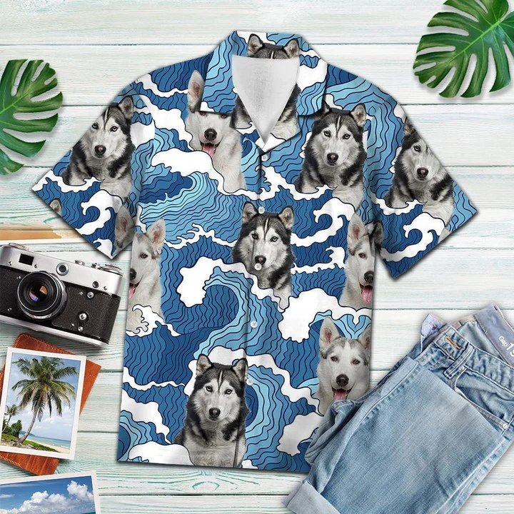 Funny Siberian Husky Portrait On Ocean Wave Pattern Hawaiian Shirt