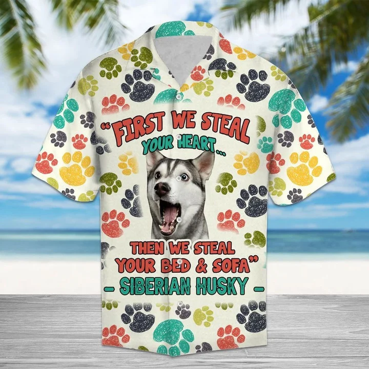 Funny Siberian Husky Steal Your Heart And Steal Your Bed Pattern Hawaiian Shirt