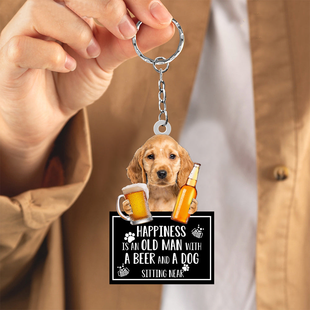 Golden Cocker Spaniel  Happiness Is An Old Man With A Beer And A Dog Sitting Near Acrylic Keychain