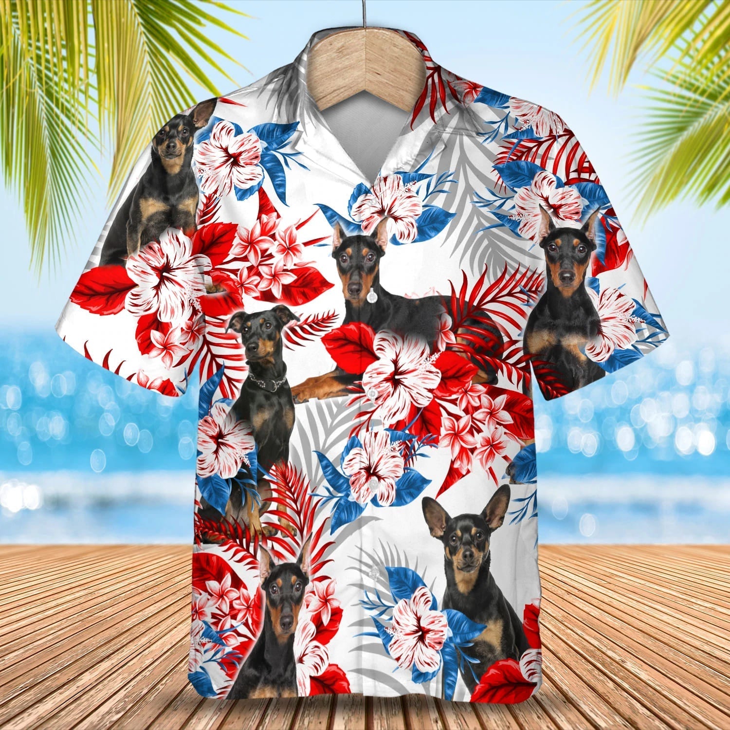 German Pinscher American flag Hawaiian Shirt/ Summer aloha shirt/ Men Hawaiian shirt/ Gift for summer