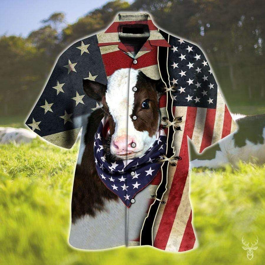 Cute Flag Cow Hawaiian Aloha Shirts/ 4th of july shirt/ Gift for cowe lovers