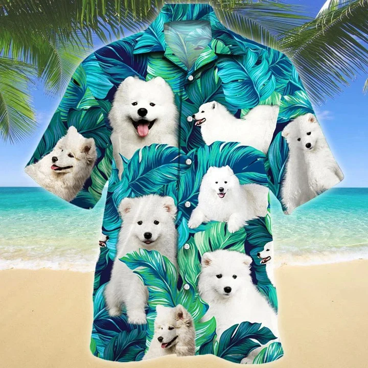 Gift For Kawaii Samoyed Dog Lovers Summer Beach Palm Tree Pattern Hawaiian Shirt