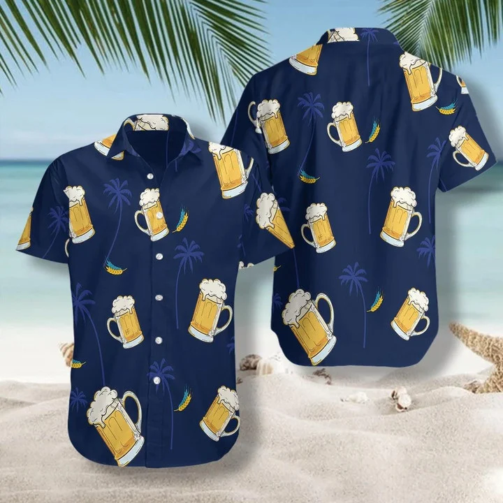 Glass Of Beer Cheers Palms At Night Design Hawaiian Shirt