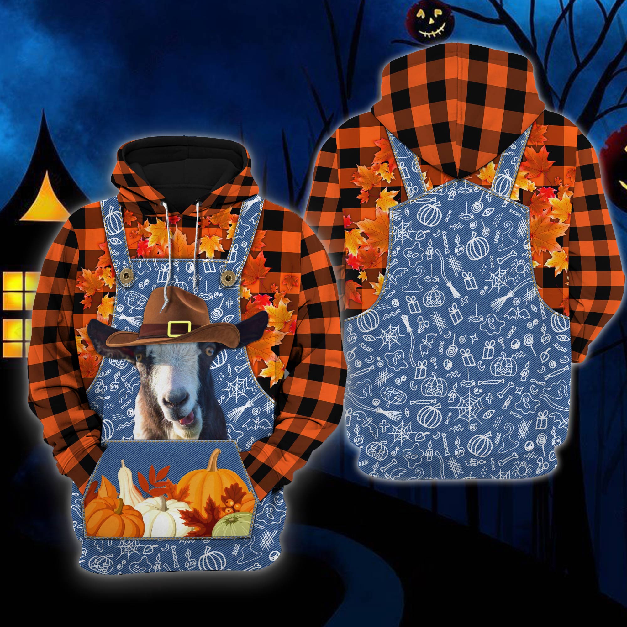 Goat Orange Plaid Hoodie/ Autumn Halloween Farm Hoodies/ Gift For Farmer