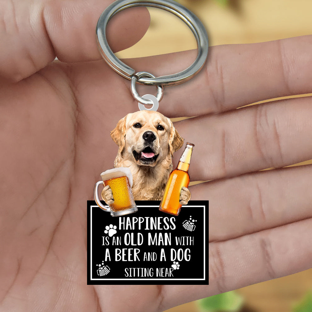 Golden Retriever  Happiness Is An Old Man With A Beer And A Dog Sitting Near Acrylic Keychain