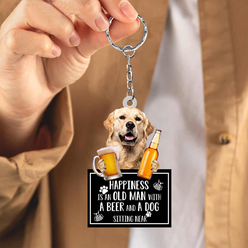 Golden Retriever  Happiness Is An Old Man With A Beer And A Dog Sitting Near Acrylic Keychain