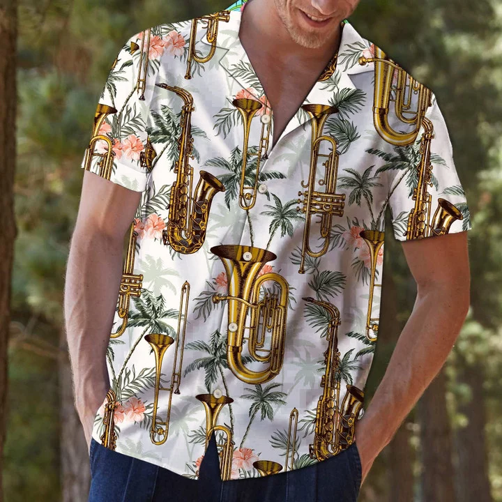 Golden Saxophone With Palm Trees In White Hawaiian Shirt