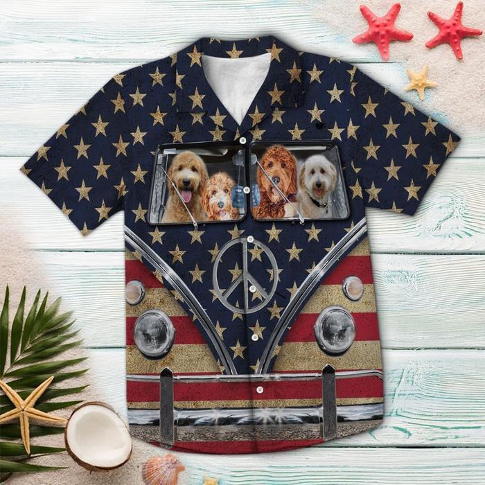 Goldendoodle Flag Hippie Bus Hawaiian Shirt/ Gift for dog lovers