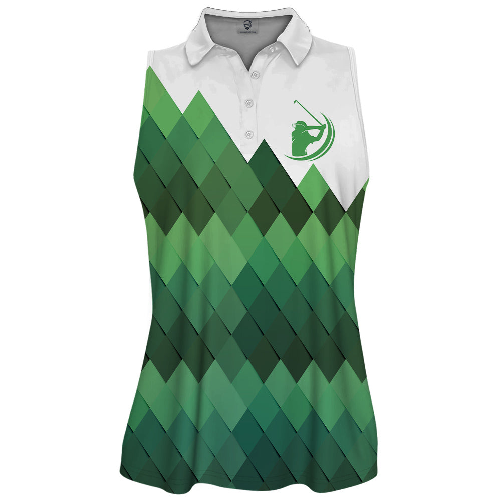 Golf Pattern Green Sleeveless & Zipper Polo Shirt For Woman