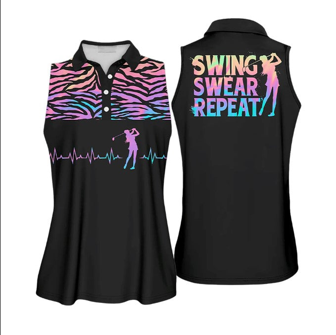 Golf Heart Beat Hologram Swing Swear Repeat Funny Polo Shirt For Woman/ Women Golf Shirt