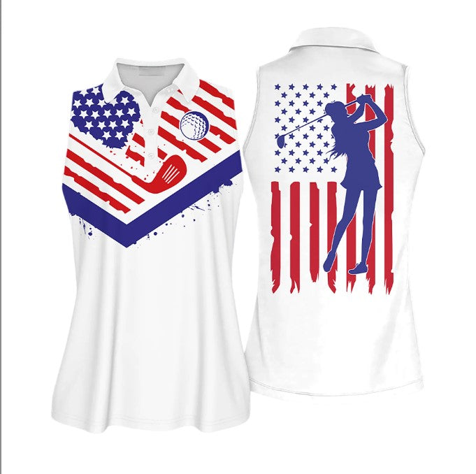 Custom Golf Shirts for Women/ Golf Texture America Flag Sleeveless Polo Shirt/ Women''s Golf Jerseys