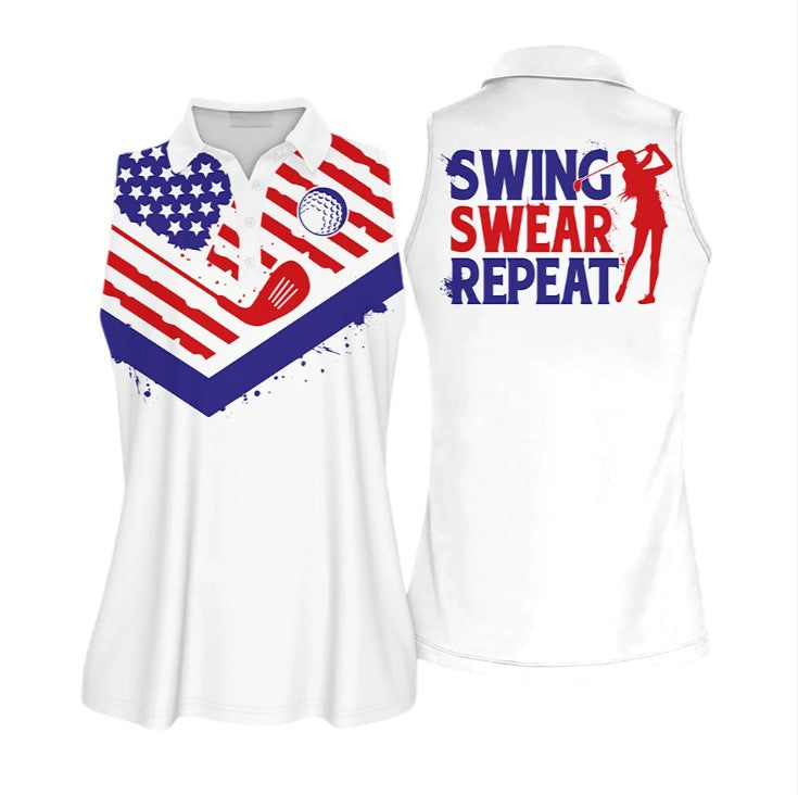 Golf Texture America Flag Sleeveless Polo Shirt/ Short Sleeve Polo Shirt for Women