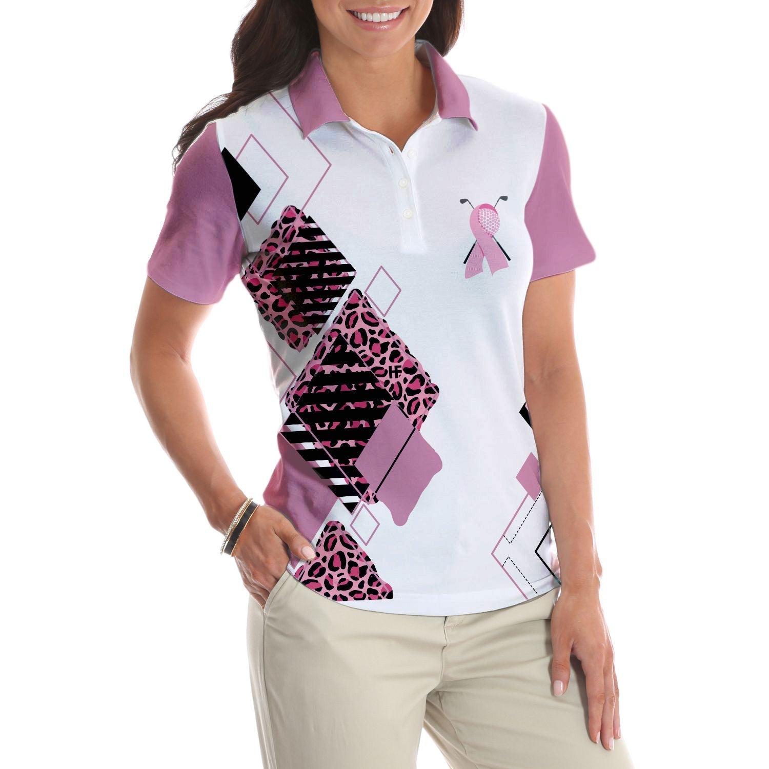 Golf Girl In October We Wear Pink Short Sleeve Women Polo Shirt/ White And Pink Breast Cancer Awareness Shirt Coolspod
