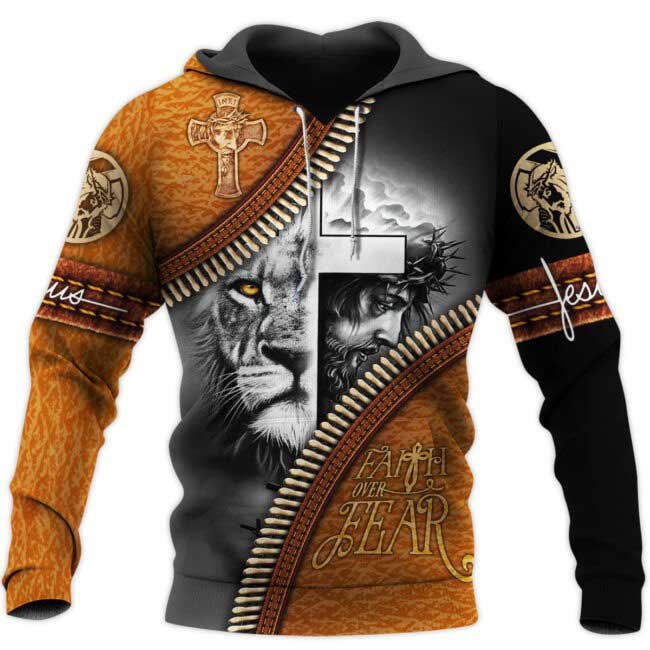 Faith Over Fear 3D All Over Printed Hoodie/ Sublimation Jesus Lion Shirt/ American Jesus 3D Tee Shirts