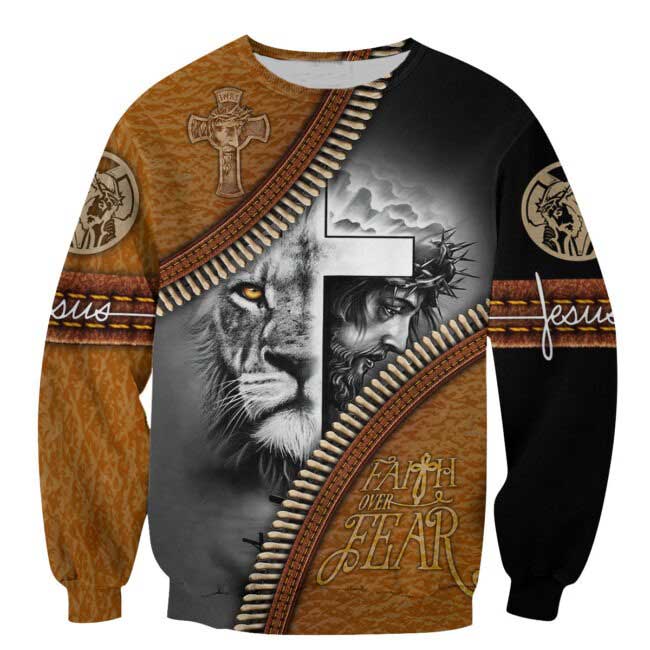Faith Over Fear 3D All Over Printed Hoodie/ Sublimation Jesus Lion Shirt/ American Jesus 3D Tee Shirts