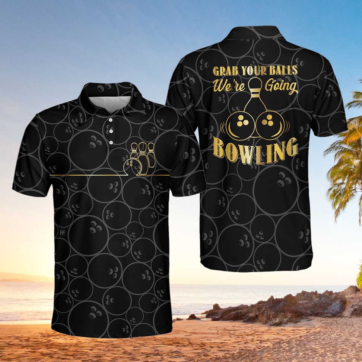 Grab Your Ball We''Re Going Bowling Polo Shirt/ Bowling Ball Pattern Polo Shirt/ Black Bowling Shirt For Men Coolspod