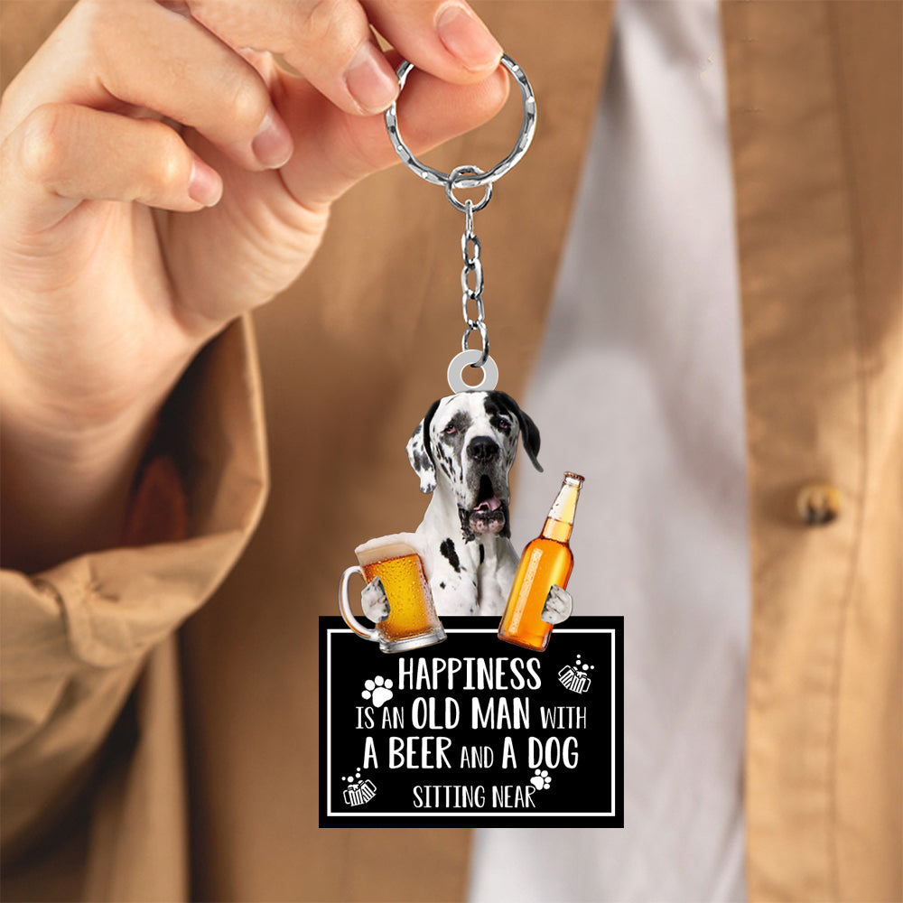 Great Dane  Happiness Is An Old Man With A Beer And A Dog Sitting Near Acrylic Keychain