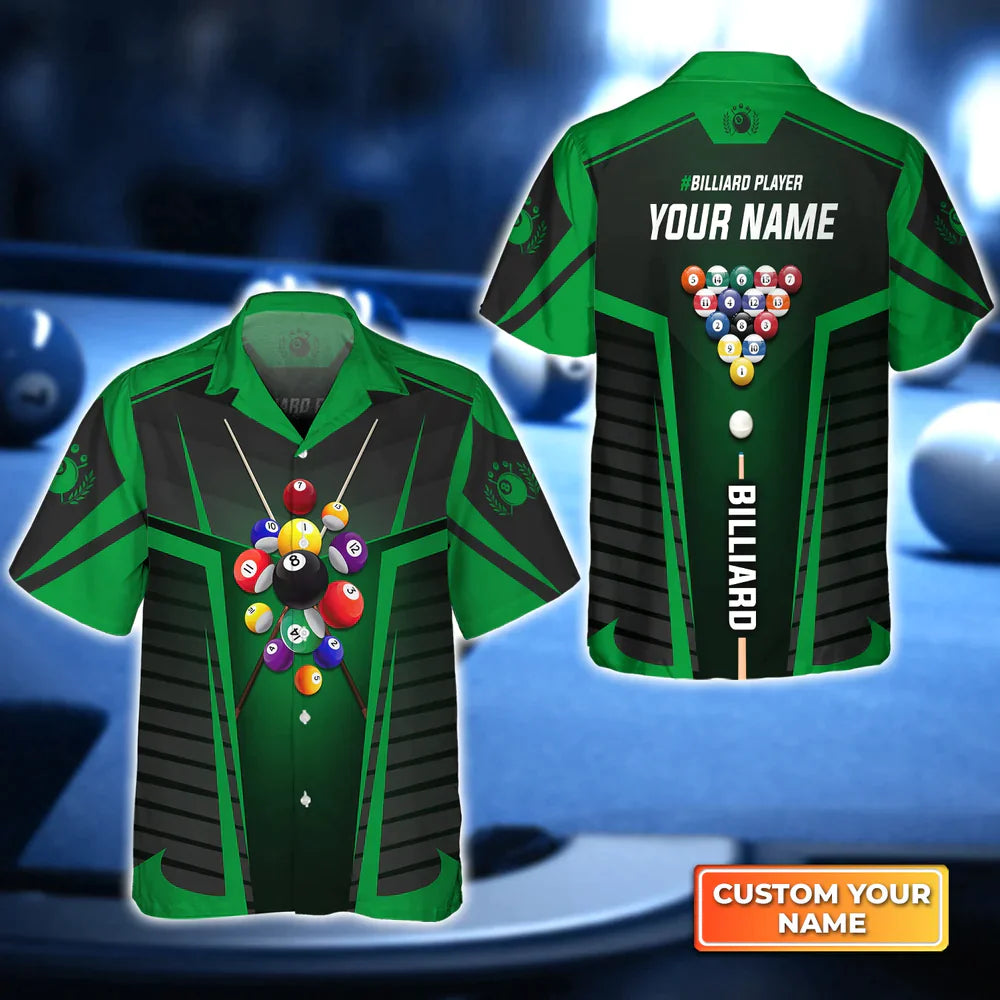 Green Billiard Balls Personalized Name Billiard Hawaiian Shirt/ Gift For Billiard Players