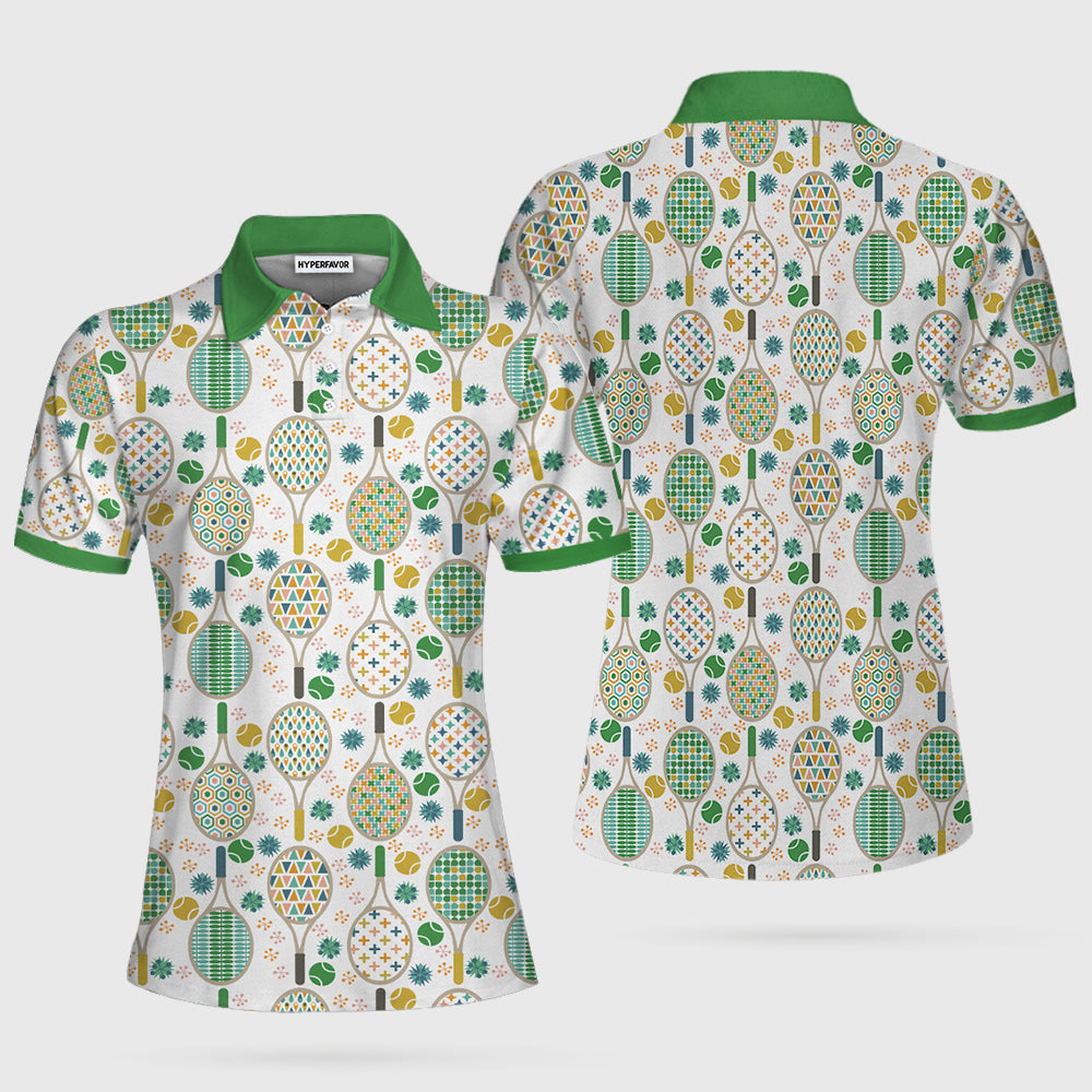 Green And Golden Tennis Pattern Short Sleeve Women Polo Shirt Coolspod