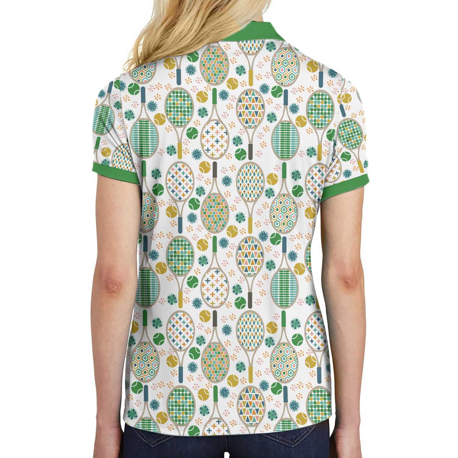 Green And Golden Tennis Pattern Short Sleeve Women Polo Shirt Coolspod