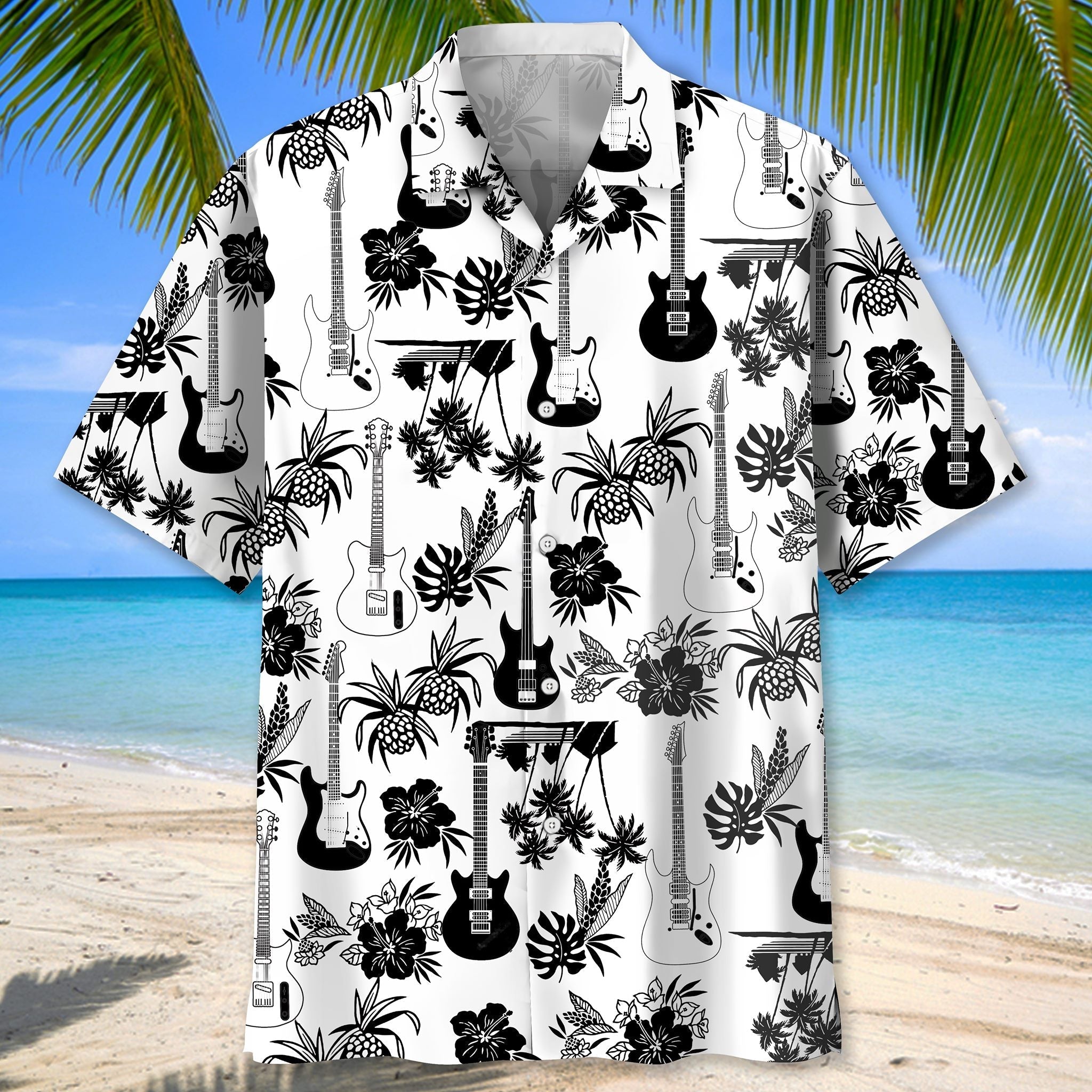 Guitar Hawaiian shirt black and white pineapples hibiscus