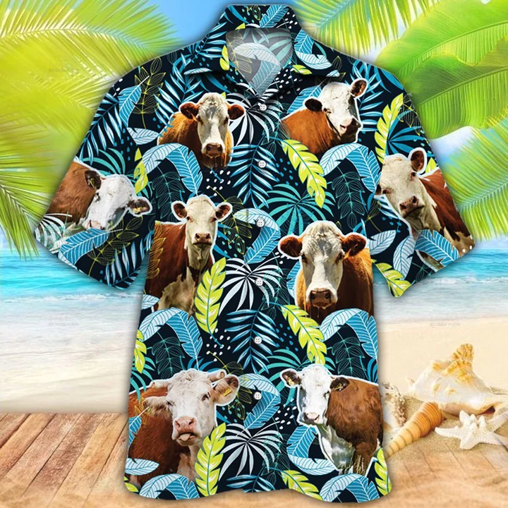 Hereford Cattle Lovers Jungle Leaves Hawaiian Shirt/ Cow Flower aloha shirt/ Hawaiian shirt Men/ Women
