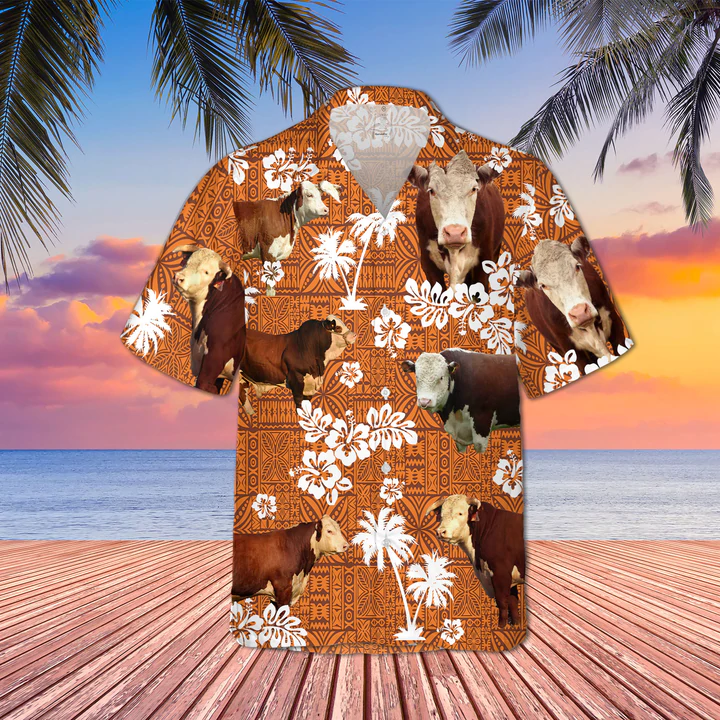 Hereford Cattle Red Tribal Hawaiian Shirt/ Animal Cow Short Sleeve Hawaiian Aloha Shirt for Men/ Women