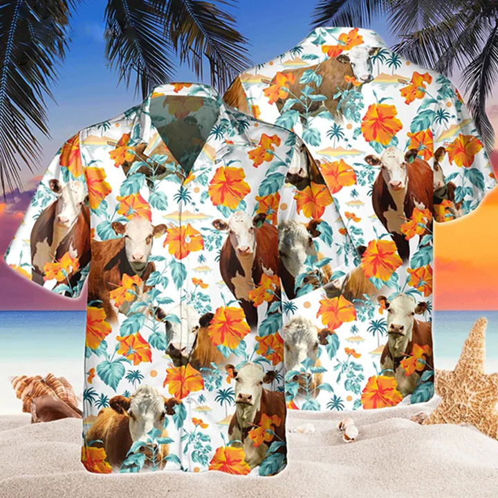 Hereford Bright Hibiscus Flowers Hawaiian Shirt/ Cow Hawaii shirts men/ Flowers Aloha Shirt For cow Lovers