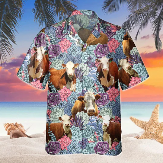 Hereford Floral Hawaiian Shirt/ Beach Shirt For Farm Animal Lovers