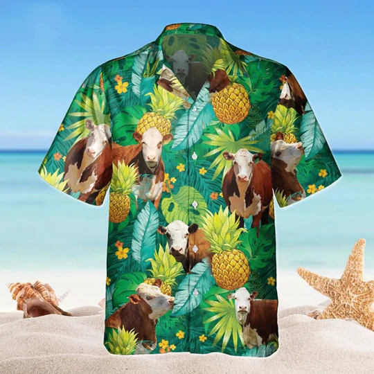 Hereford Floral Hawaiian Shirt/ Beach Shirt For Farm Animal Lovers